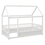 Twin Size Floor Wooden Bed with House Roof Frame, Fence Guardrails,White W1858123984
