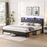 King Bed Frame Storage Headboard, Charging Station and LED Lights, Upholstered Platform Bed 18121287