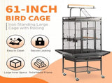 61.5inch Wrought Iron Large Rolling Bird Cage with Play Top and Stand for Parrots Lovebird Cockatiel 87150313