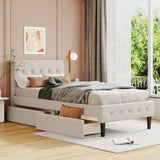 Twin Size Upholstered Platform Bed with 2 Drawers, Beige WF298240AAA