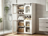White Farmhouse Tall Storage Cabinet with Sliding Barn Door, Freestanding Floor Linen Cabinet with 22557110