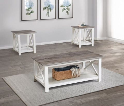 ZUN White Brown 3-Piece Set Table Top Cocktail Rectangular Coffee Table and Two Matching Square End B011P244337