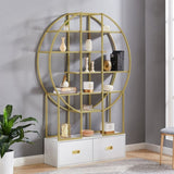 70.8 Inch Round Office Bookcase Bookshelf, Display Shelf, Two Drawers, Gold Frame WF306850AAG
