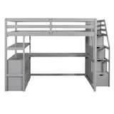 ZUN Full Size Loft Bed with Desk and Shelves, Two Built-in Drawers, Storage Staircase, Gray 83833140