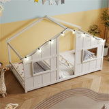 Twin-Size Kids House White Floor Bed- 82"x42"x51" Size, LED Light Strip for Cozy 73789275