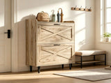 2-Drawer Barn Door Shoe Cabinet with Side Panel Countertop Melamine Board Embossed MDF Shoe Cabinet 19396137