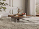 35.43" Square Walnut Coffee Table with Thickened Tabletop, Saddle Leather-Wrapped Edge and Polished W5909P583165