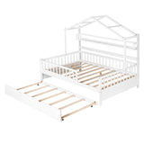 ZUN Wooden Full Size House Bed with Twin Size Trundle,Kids Bed with Shelf, White 90541067