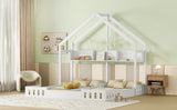 Wood Twin Size House Platform Beds,Two Shared Beds with Shelves and Guardrail, Creamy White WF310564AAA