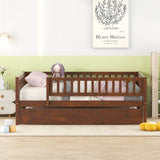 Full Size Wood Daybed with Trundle and Fence Guardrails, Walnut WF301863AAL
