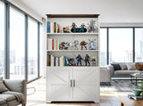 Barn door 3-tier steel display case, 69.7 31.5 15.4 inches, off-white with contrasting wood 06230344