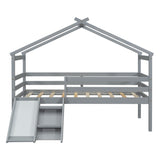 ZUN Twin Low Loft House Bed with Slide, Ladder, Safety Guardrails, House Roof Frame,Grey W504P145315