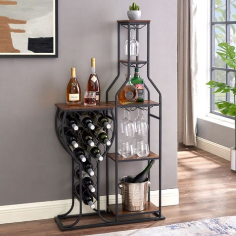 ZUN 11 Bottle Wine Bakers Rack, 5 Tier Freestanding Wine Rack with Hanging Wine Glass Holder and Storage 33927187