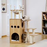 ZUN Modern Wooden Cat Tree Multi-Level Cat Tower With Fully Sisal Covering Scratching Posts, Deluxe 95515102