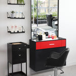 ZUN 15% E0 chipboard linen top 1 drawer 1 door with mirror Salon cabinet black and red 87943446