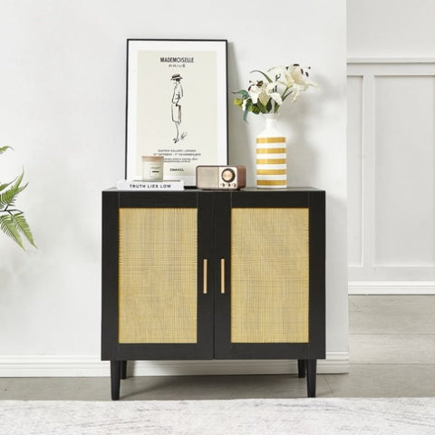 ZUN Side panel buffet cabinet with natural rattan door, rattan storage cabinet with adjustable shelves, W1320138012