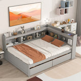 ZUN Full Bed with L-shaped Bookcases, Drawers ,Grey 14137248