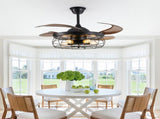 48" Black Remote Control Ceiling Fan Light Industrial 4-Blade Fan with Cage Design and Adjustable W1340P272387