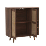 ZUN Bohemian Bar Cabinet, Natural Rattan Doors, Removable Wine Rack in Walnut B064P191193