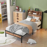Twin Size Bed Frame with Storage Headboard, Metal Platform Bed with Charging Station, Bookcase W840P192226