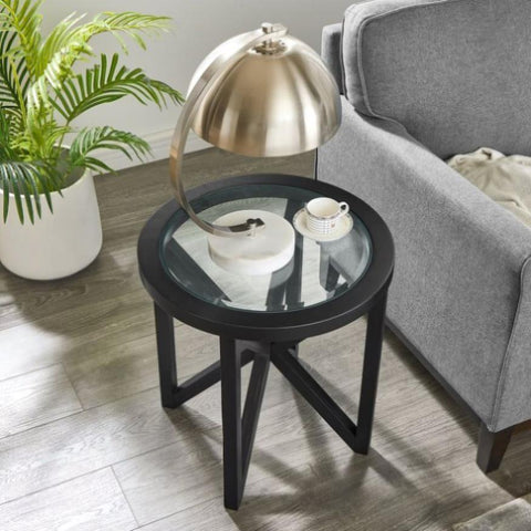 ZUN Modern simple coffee table, tempered coffee table solid wood base round transparent 09076037