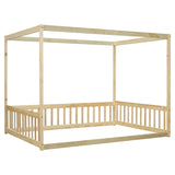 Full Size Canopy Frame Floor Bed with Fence, Guardrails,Natural W504P143283