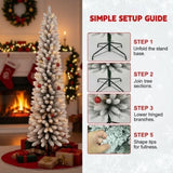 6FT Christmas Tree Artificial Plant with 358 Snowy Tips Flocked Pencil Slim PVC Tree Space-Saving 60571983