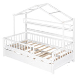 ZUN Wooden Twin Size House Bed with Trundle,Kids Bed with Shelf, White 34508043