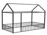 Twin Size Metal Bed House Bed Frame with Fence, for Kids, Teens, Girls, Boys, Black MF304315AAB