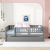 Full Size Wood Daybed with Trundle and Fence Guardrails, Gray WF301863AAE