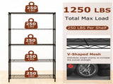 5-Tier Heavy-Duty Metal Wire Shelving, 1250LBS Total Capacity Rack with 250LBS Per Shelf, Black 04462155