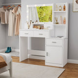The white vanity with a mirror is equipped with a hair dryer rack, while the vanity in the bedroom W1320P186705