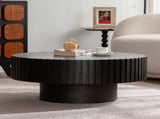 Round Coffee Table Handcrafted Relief Sturdy Pedestal Wooden Olive-Shaped Tea Table for Living Room W3081P255062