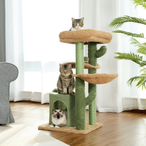 ZUN Cactus Cat Tree Cat Tower with Sisal Covered Scratching Post, Cozy Condo, Plush Perches and Fluffy 93247813