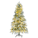 ZUN 6FT Pre-Lit Spruce Snow Flocked Christmas Tree, Artificial Hinged Xmas Tree with 300 Multi-Color LED N704P199474A