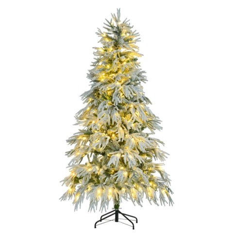 ZUN 6FT Pre-Lit Spruce Snow Flocked Christmas Tree, Artificial Hinged Xmas Tree with 300 Multi-Color LED 86709785