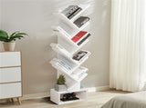 White Tree-Shaped Bookshelf, 10 Open Shelves & Foldable Fabric Drawer, Space-Saving Corner Design 35034916
