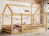 Twin Size Floor Wooden Bed with House Roof Frame, Fence Guardrails,Natural W1858P389939