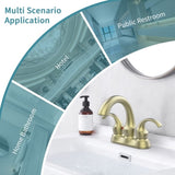 Bathroom Faucet 2-Handle Brushed Gold with Aerator, Swan Style 4-inch Centerset Vanity Sink with T3177P277484