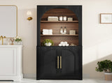 70.87" Black Bookcase, Modern Bookshelf with Large Storage Cabinet, Open Display Shelves and Arched N751P488908B