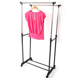 ZUN Dual-bar Vertical & Horizontal Stretching Stand Clothes Rack with Shoe Shelf YJ-03 Black & Silver 23353830