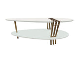 36 Inch Modern Coffee Table, Oval Elliptical Shape, White Mango Wood With Antique Brass B056P161686