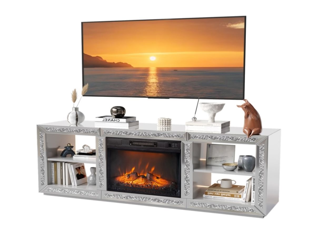 Mirror Fire Insert Silver Mirror Modern TV Stand with 18 Inch Fireplace Insert & Storage ...