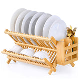 Collapsible 2-Tier Bamboo Dish Drying Rack Foldable Wooden Dish Drainer with Utensil Holder, 68313155