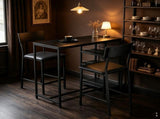 Bar Table and Stool Set 1 Table 2 Stools, Black Wood Grain MDF Tabletop & Gold Metal Frame, Padded 27543993