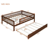 Full Size Wood Daybed with Trundle and Fence Guardrails, Walnut WF301863AAL