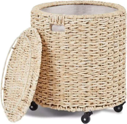 ZUN Vintage Storage Basket, Multipurpose Rolling Hamper With Brakable Wheels and Lid, Braid Laundry Bin, 56240311