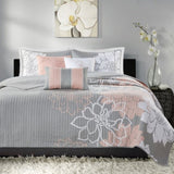 ZUN 6 Piece Printed Cotton Quilt Set with Throw Pillows Grey/Peach Full/Queen B03597570