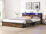 Full Size Metal Platform Bed Frame with Wooden Headboard and with Footboard USB,Charging Station,2 W311P167040