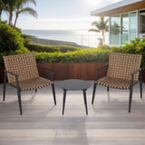 Modern Outdoor Chat Set 2 PE Rattan Chairs Black Steel & Tempered Glass Side Table Durable & N769P248124B